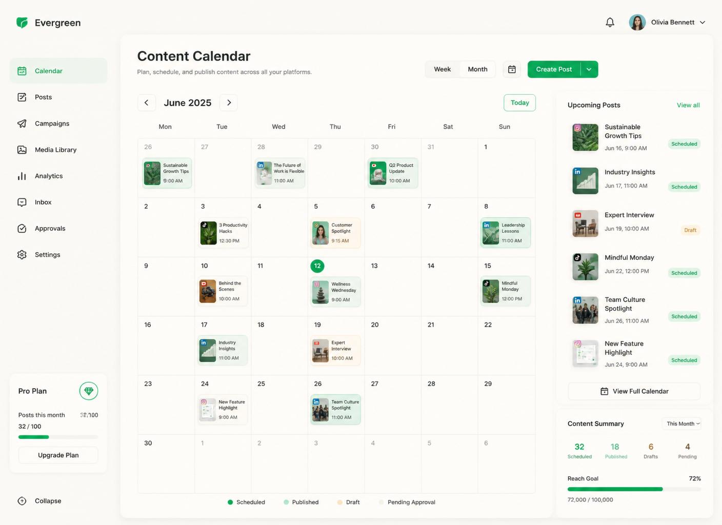 Calendário de conteúdo do Victoo Hub Social com posts agendados